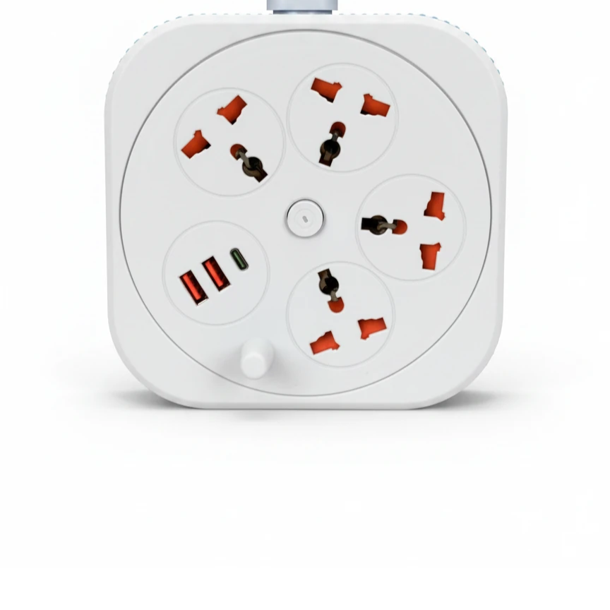 چندراهی برق چرخشی مدل A107 | سیم جمع‌شو 2 متری | 2500 وات | 4 پریز یونیورسال + 2 USB فست + تایپ‌سی |
